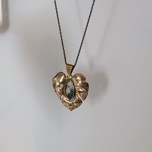 Elegant Brass Monstera Leaf Moss Agate Pendant Necklace